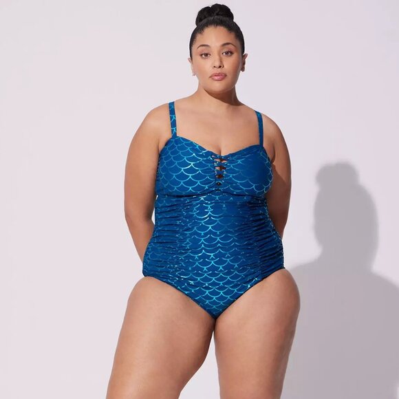 Torrid Slim Fix Wireless Lattice Front One Piece Swimsuit Mermaid Scales Blue 4X - Picture 2 of 8